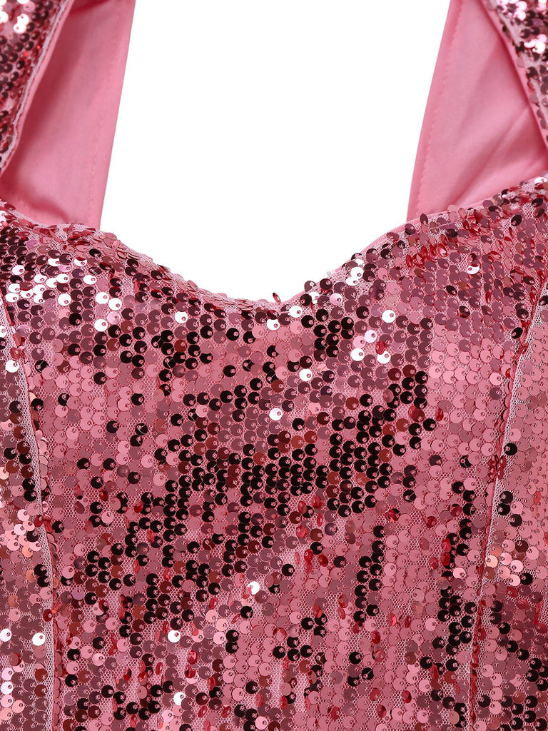 Robe longue de sirène rose à paillettes fente haute des années 1920