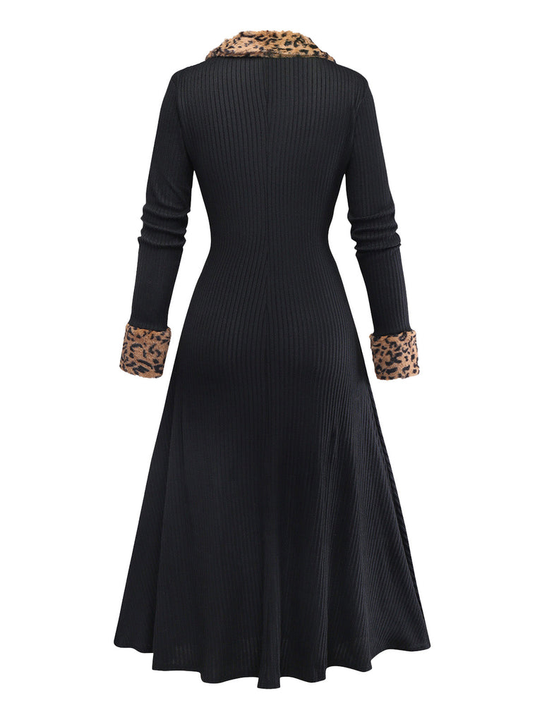 Robe en maille côtelée noire bordure en fausse fourrure léopard style années 1940