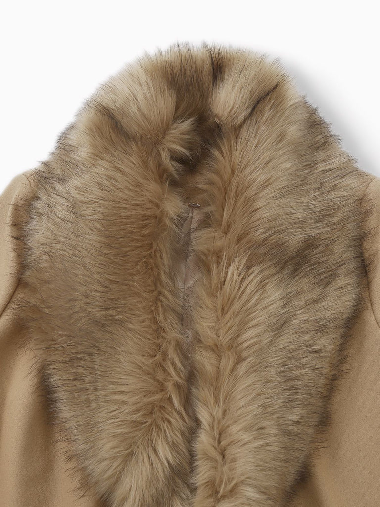 Manteau col en fourrure avec ceinture kaki unie des années 1920