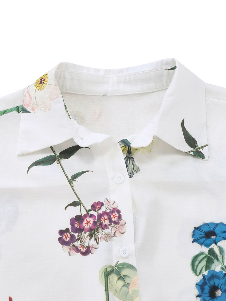 2PCS Ensemble Blouse Lin Fleurie Short Blanc Année 1960