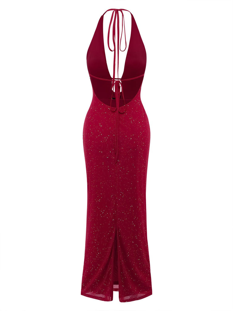 Robe maxi fendue licou pailletée dos nu col cowl 1980s