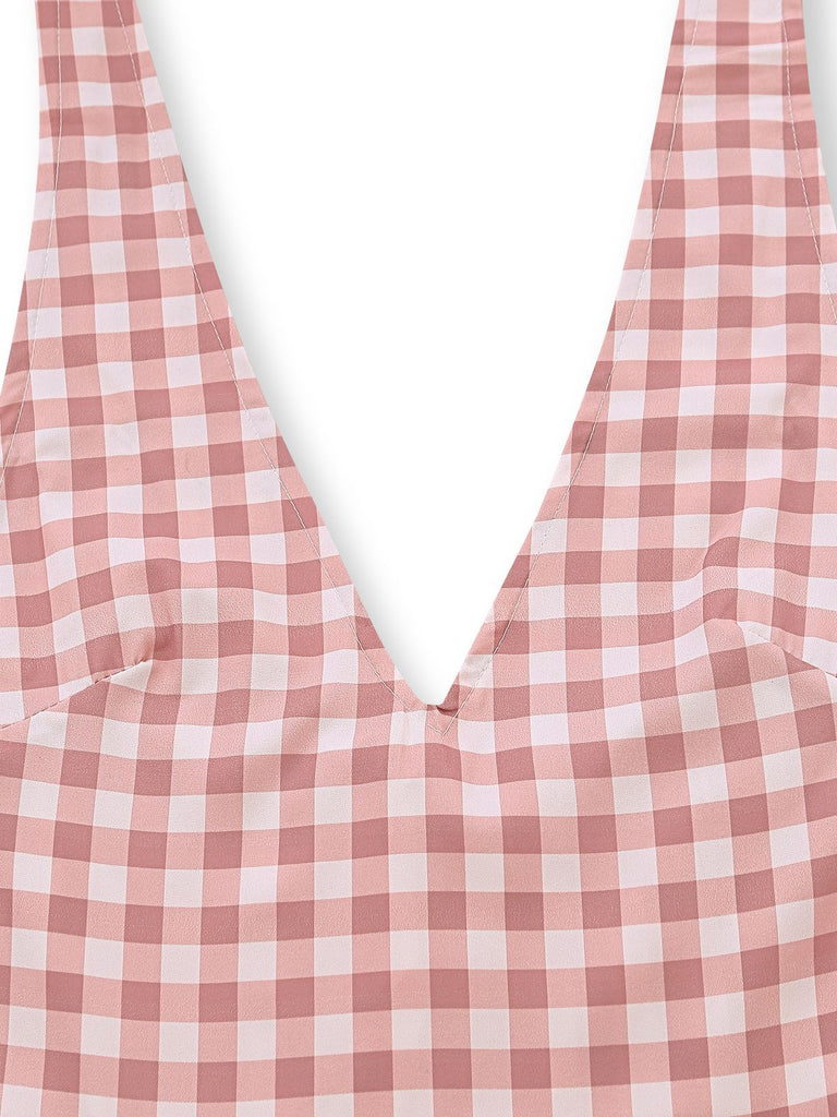 Robe longue évasée sans manches col V carreaux vichy rose années 1940