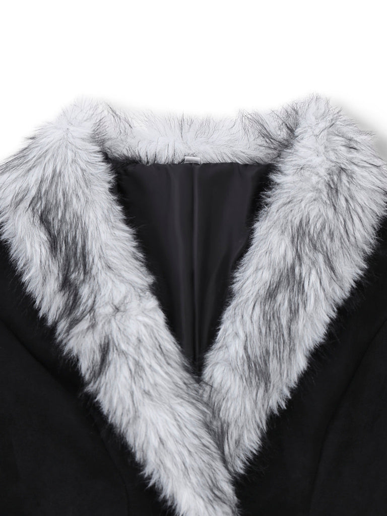 Manteau long noire à bordure en fausse fourrure années 1930