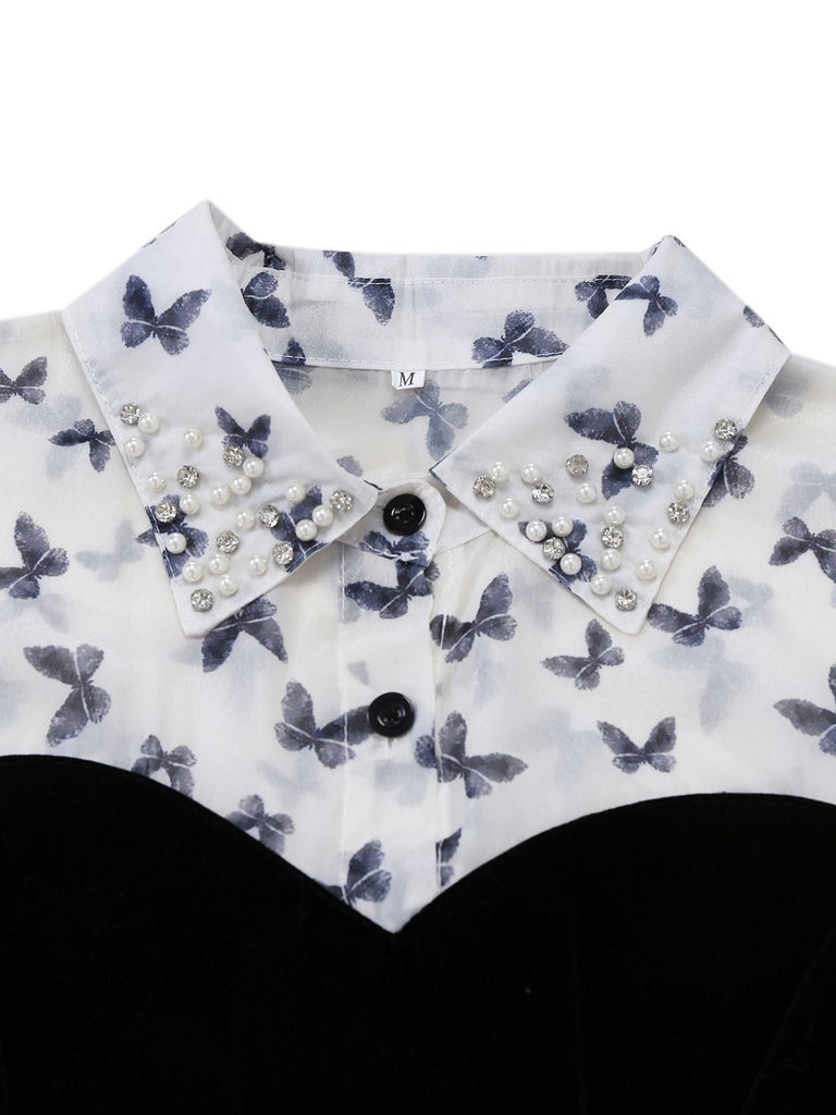 Robe mi-longue blanche à corset en velours plissé et perles papillon des années 1980
