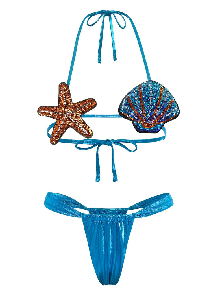 Bleu Coquillage & Étoile de Mer Ensemble Bikini Années 1970 2