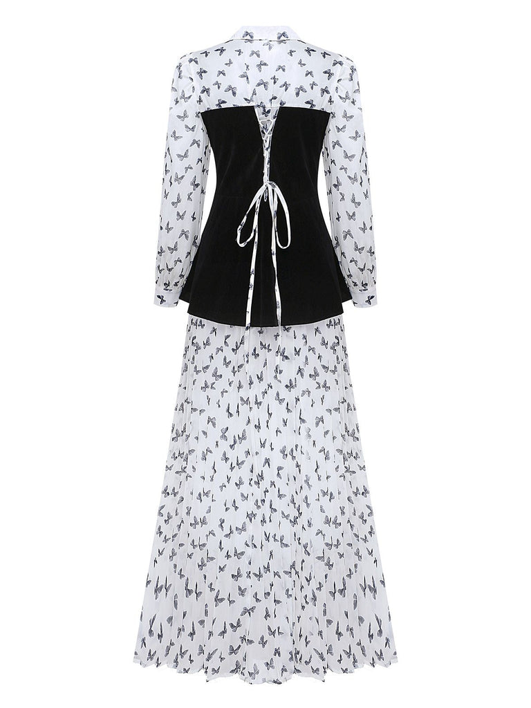 Robe mi-longue blanche à corset en velours plissé et perles papillon des années 1980