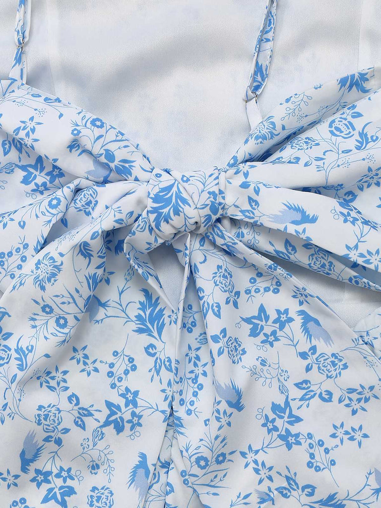 Robe fleurie à volants bretelles ourlet superposé bleues années 1970
