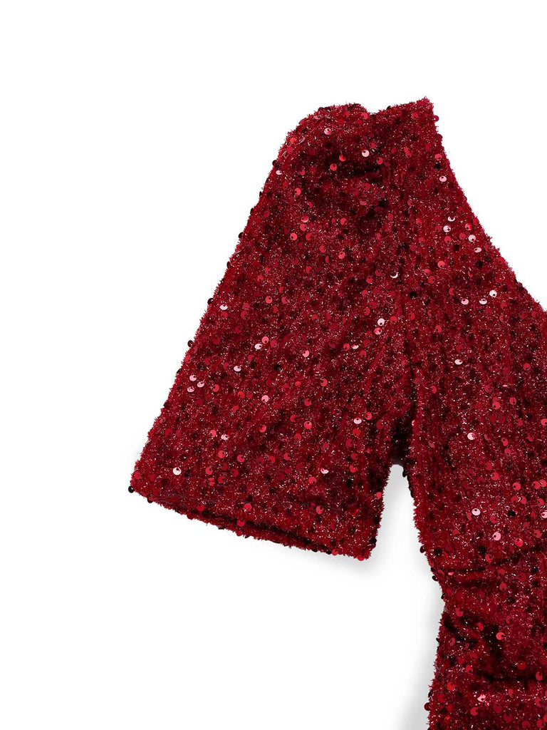 Robe sirène longue à paillettes et nœud rouge vin années 30