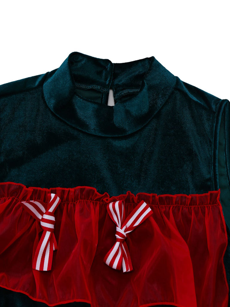 Robe de sapin de Noël en velours et maille patchwork avec nœud des années 1960