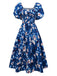 Robe bleue à fleurs manches bouffantes épaules dénudées années 1940