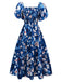 Robe bleue à fleurs manches bouffantes épaules dénudées années 1940