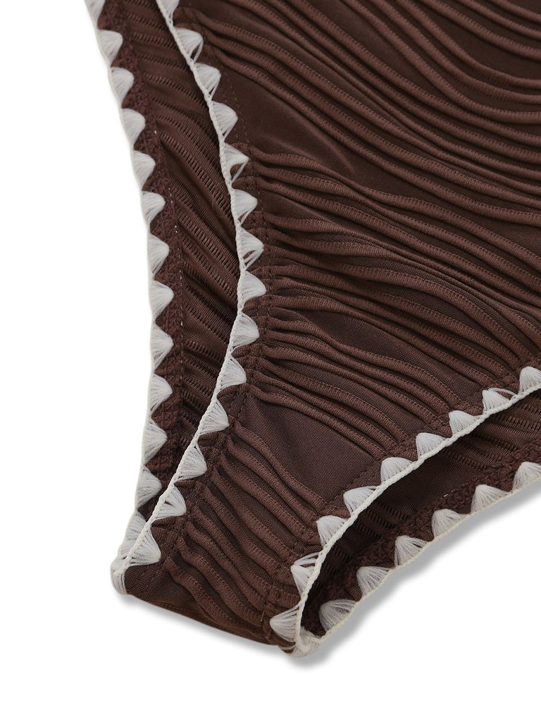Ensemble bikini côtelé beige et marron dos nu et taille haute années 50
