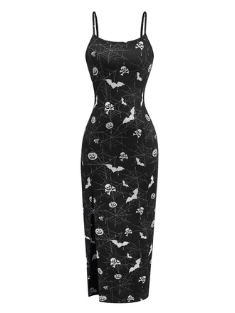 Robe mi-longue fendue noire à imprimé Halloween années 1930