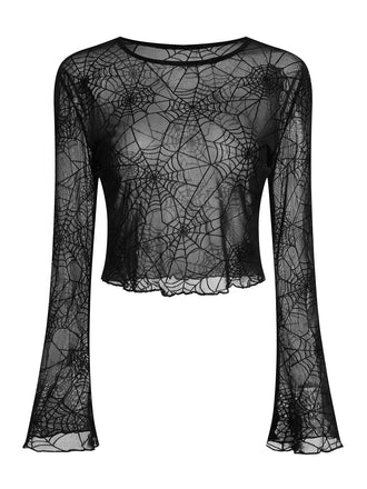 Haut noire en toile d'araignée à manches évangélistes années 1970