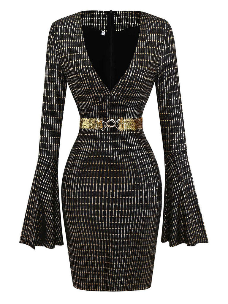 Robe disco noire transparente à manches cloche et ceinture des années 1970