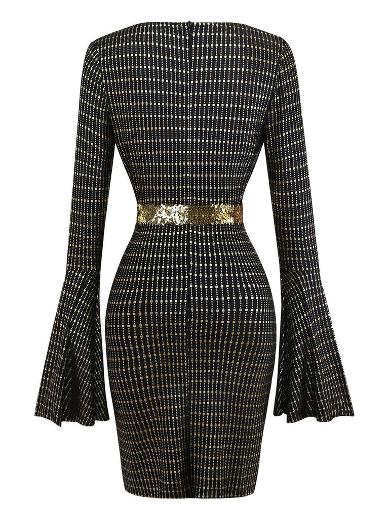 Robe disco noire transparente à manches cloche et ceinture des années 1970