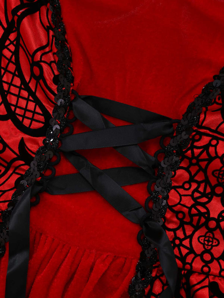Robe et cape en velours rouge en dentelle et paillettes années 1980