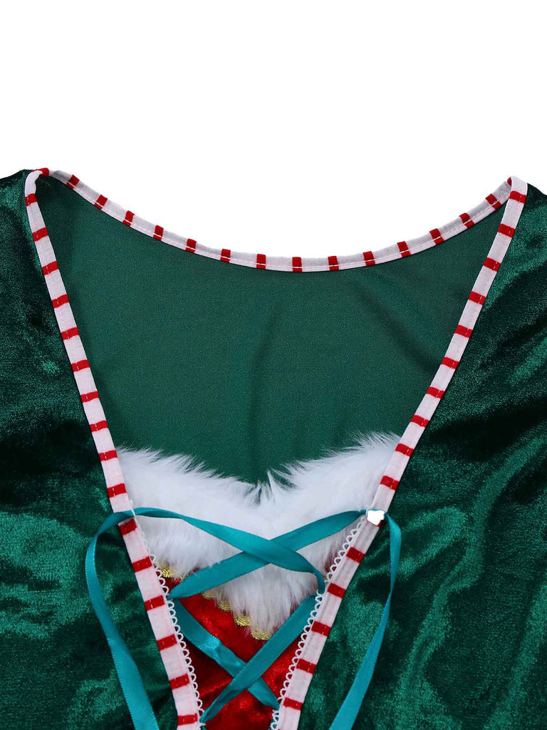 Haut vert col en V et jupe à bordure de fourrure rouge des années 60
