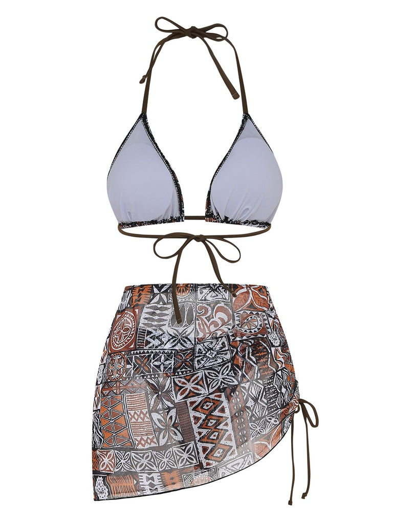 3PCS Ensemble bikini triangle à imprimé tribal et paréo années 1970