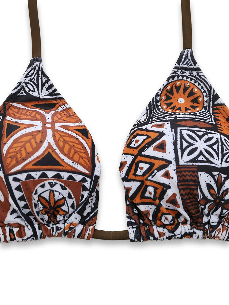 3PCS Ensemble bikini triangle à imprimé tribal et paréo années 1970