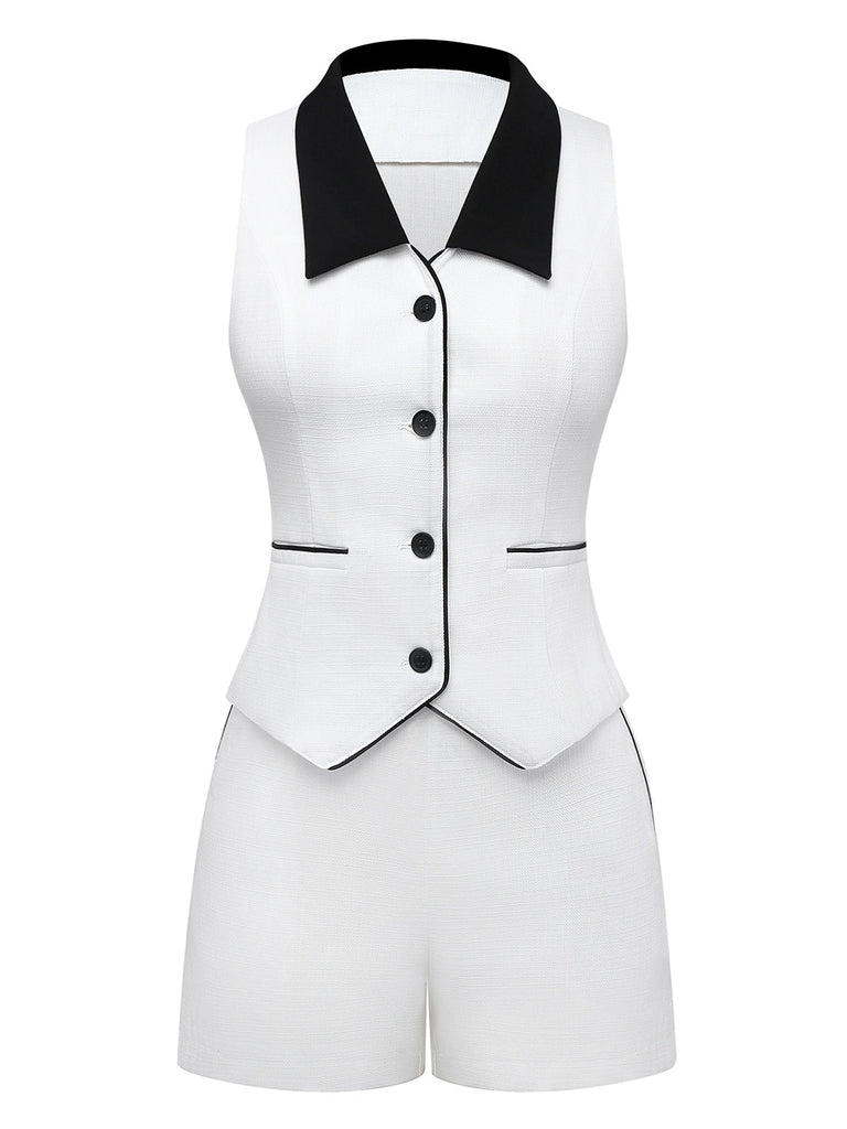 2PCS Costume blanche sans manches à col à revers années 1960