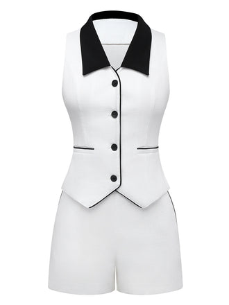 2PCS Costume blanche sans manches à col à revers années 1960