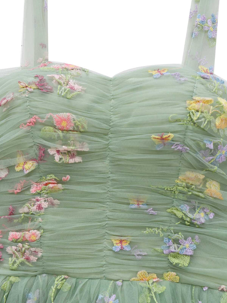 Robe verte en maille fleurie épaules dénudées années 1930
