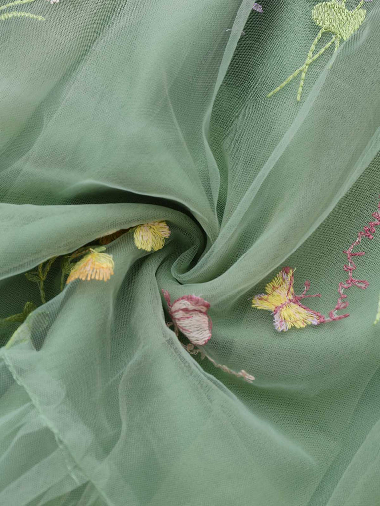 Robe verte en maille fleurie épaules dénudées années 1930