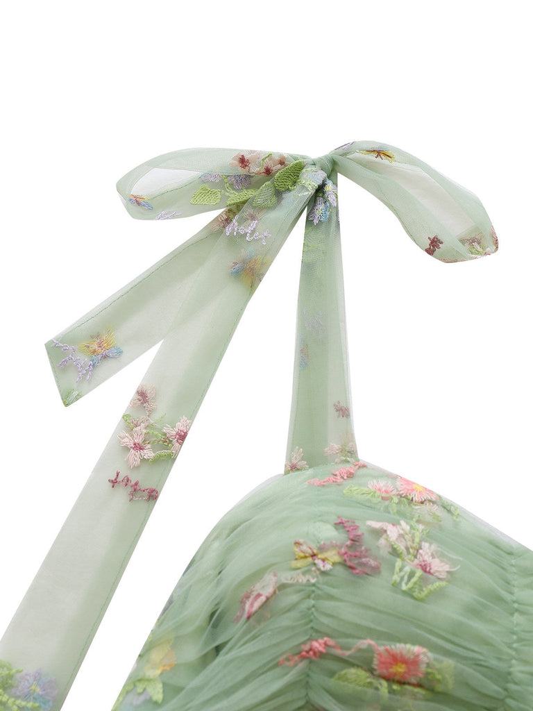 Robe verte en maille fleurie épaules dénudées années 1930