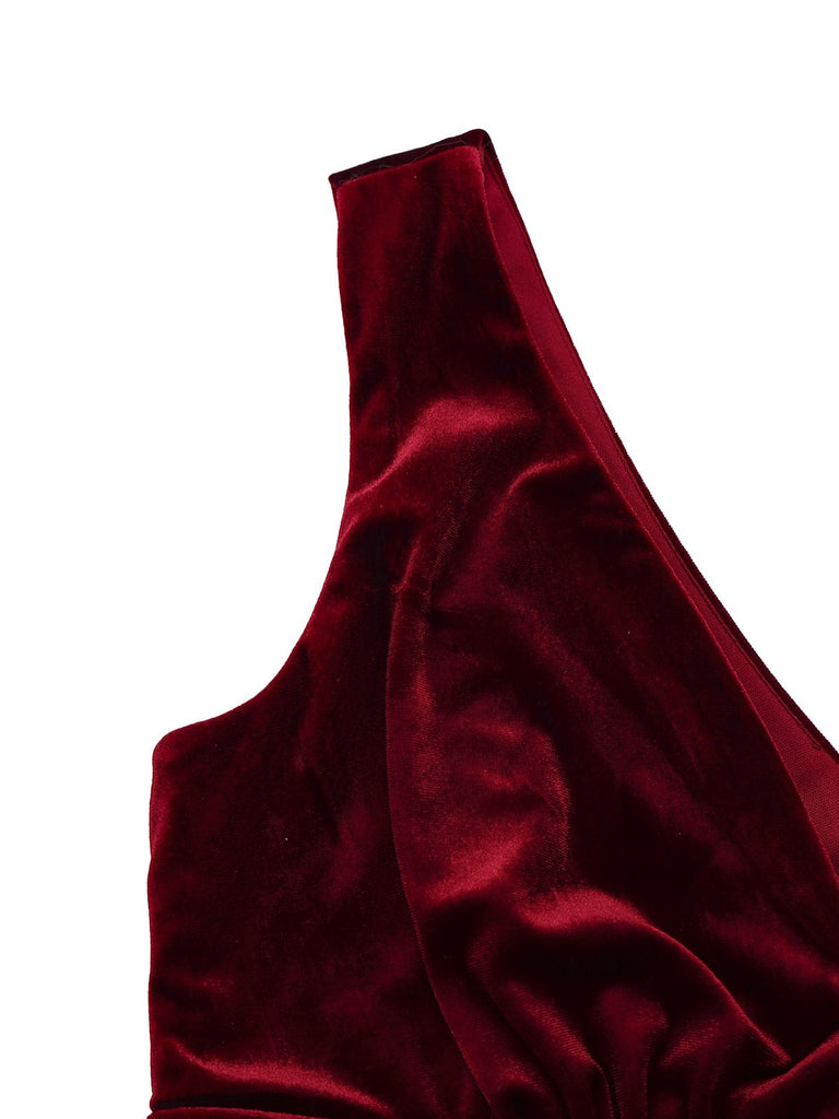 Robe longue bordeaux en velours à sequins col en V style années 1950
