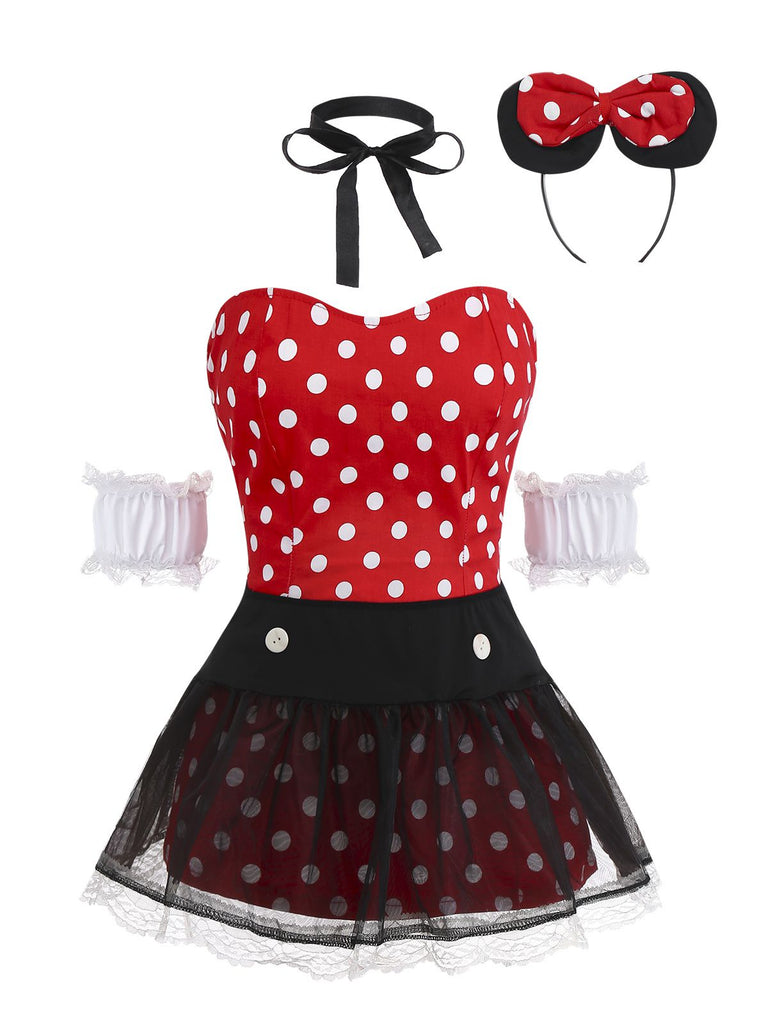 Ensemble robe à pois rouges et jupe en résille années 1980
