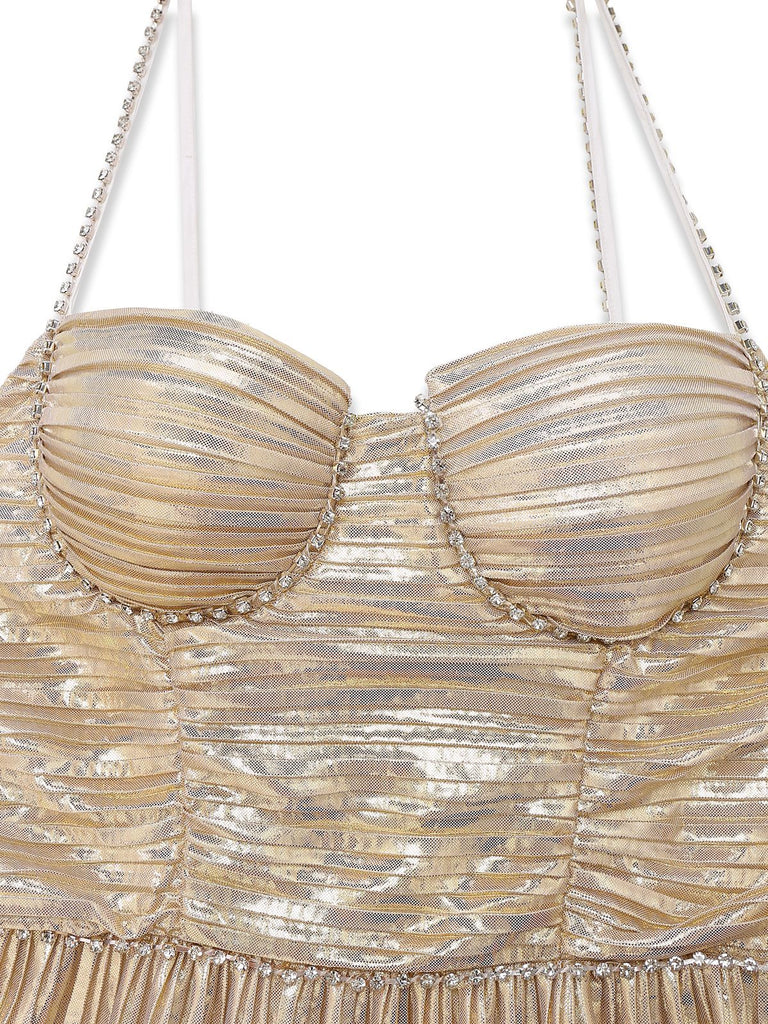 Robe à bretelles spaghetti métallisée dorée des années 1930