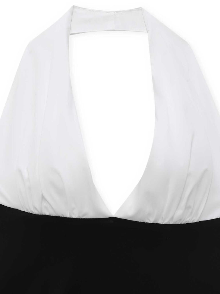 Robe longue col V profond et dos nu des années 1970