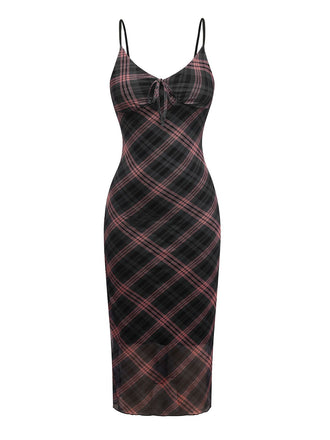 Robe longue à bretelles col V écossais marron des années 1930