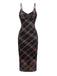Robe longue à bretelles col V écossais marron des années 1930