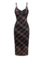 Robe longue à bretelles col V écossais marron des années 1930