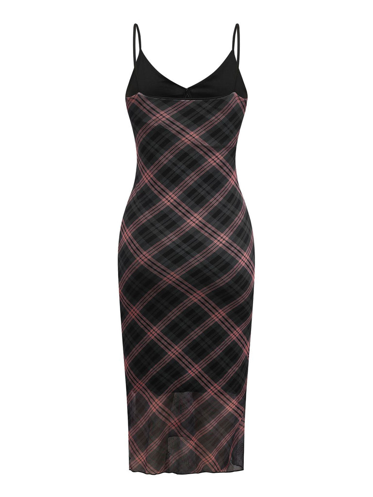Robe longue à bretelles col V écossais marron des années 1930