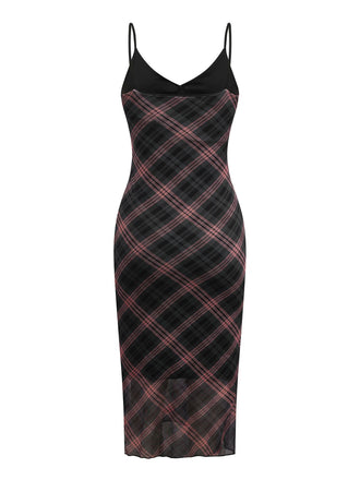 Robe longue à bretelles col V écossais marron des années 1930