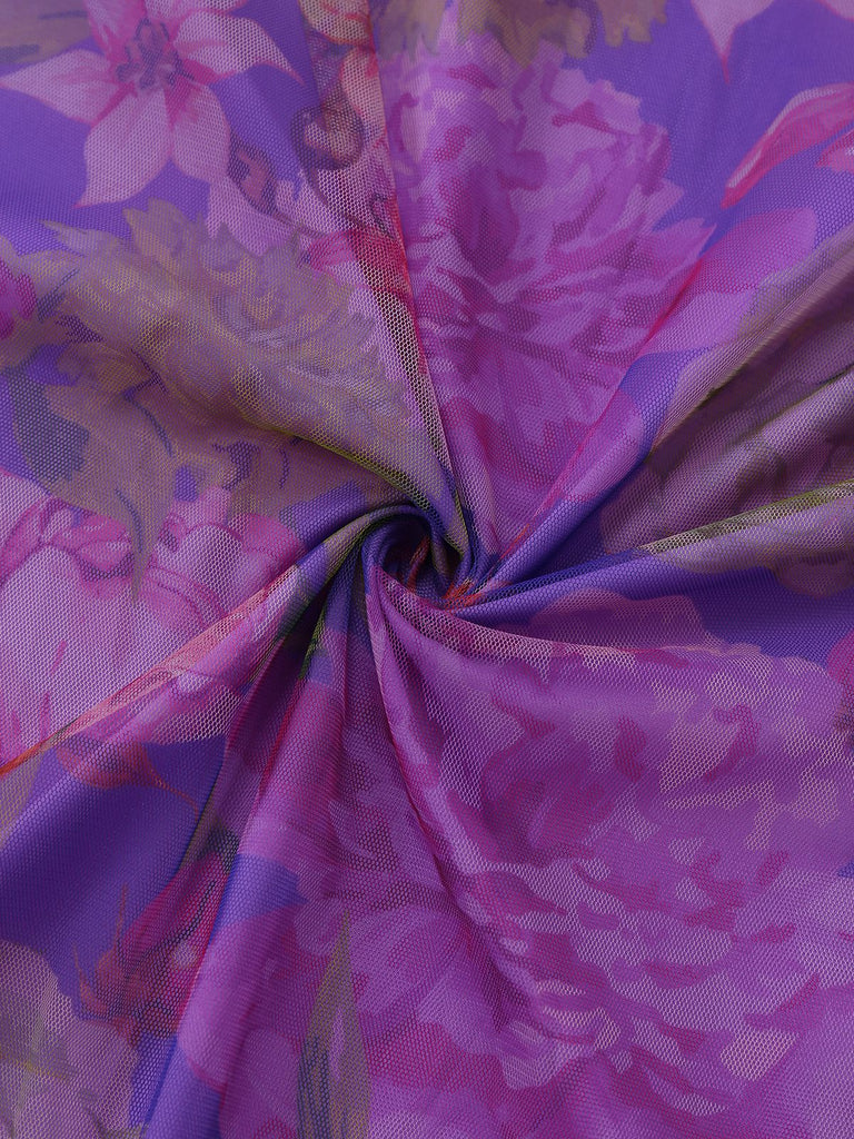 Robe de soirée violette une épaule en résille ornée de fleurs 3D années 1930