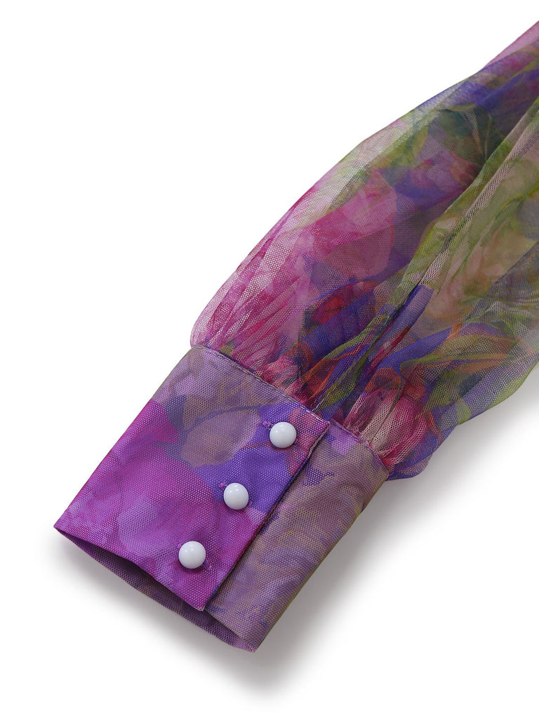 Robe de soirée violette une épaule en résille ornée de fleurs 3D années 1930