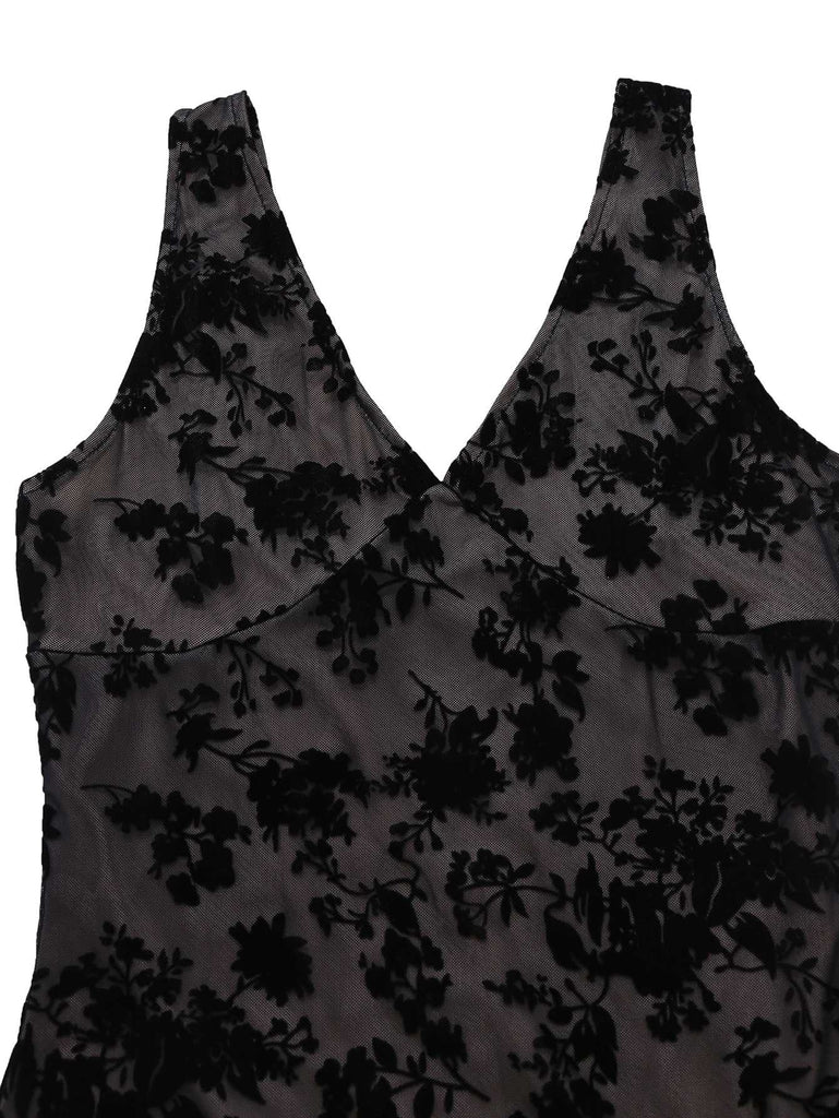 Robeà col en V en maille floquée à motif floral et ourlet à volants années 1960