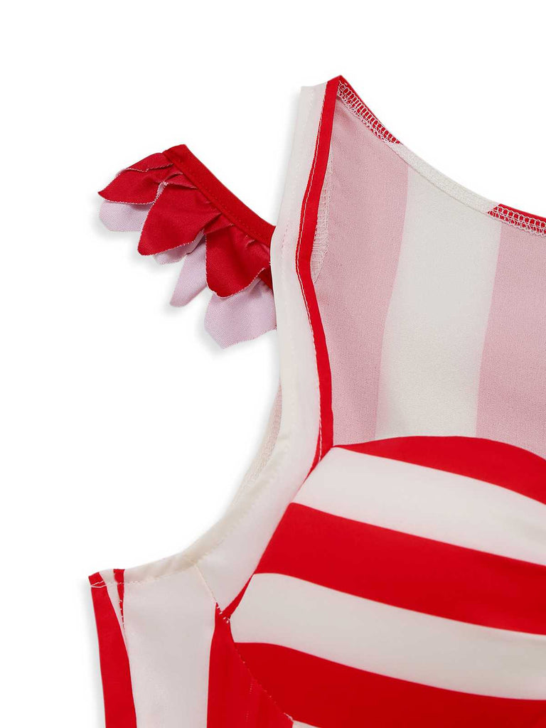Robe à bretelles rayée rouge clown maléfique d'Halloween des années 1960