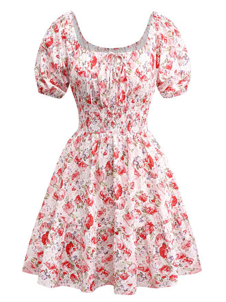 Robe manches bouffantes imprimé fleurs roses taille smockée des années 1950