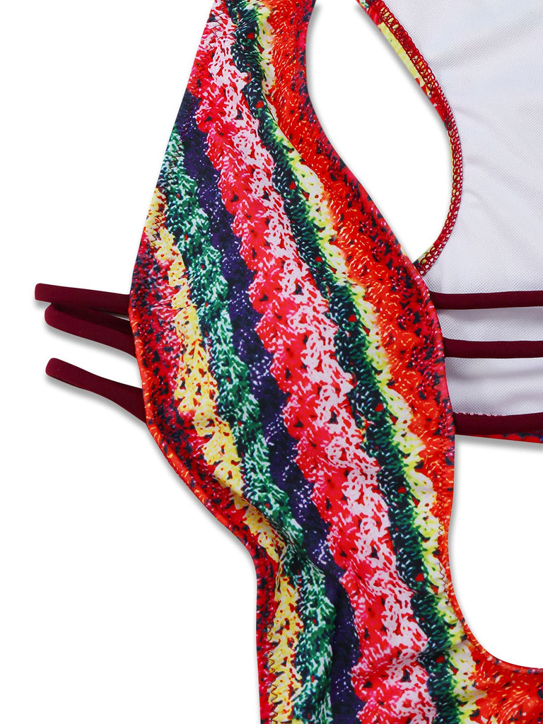 Maillot de bain rouge à bretelles découpes en forme toile d'araignée années 1960