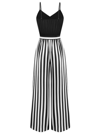 Combinaison rayée à bretelles spaghetti et ceinture des années 1970