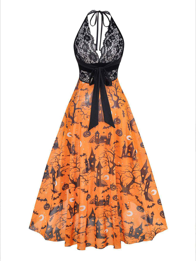 Robe de nuit orange col licou en dentelle imprimée citrouille d'Halloween années 1970