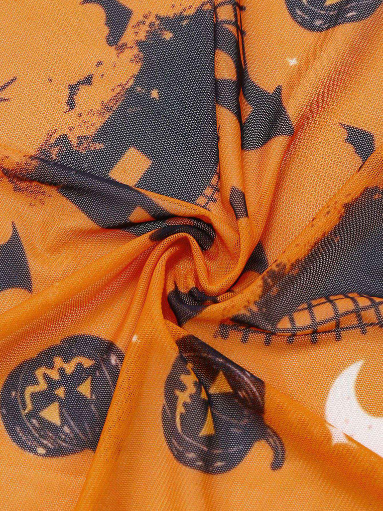 Robe de nuit orange col licou en dentelle imprimée citrouille d'Halloween années 1970