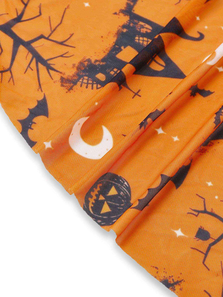 Robe de nuit orange col licou en dentelle imprimée citrouille d'Halloween années 1970