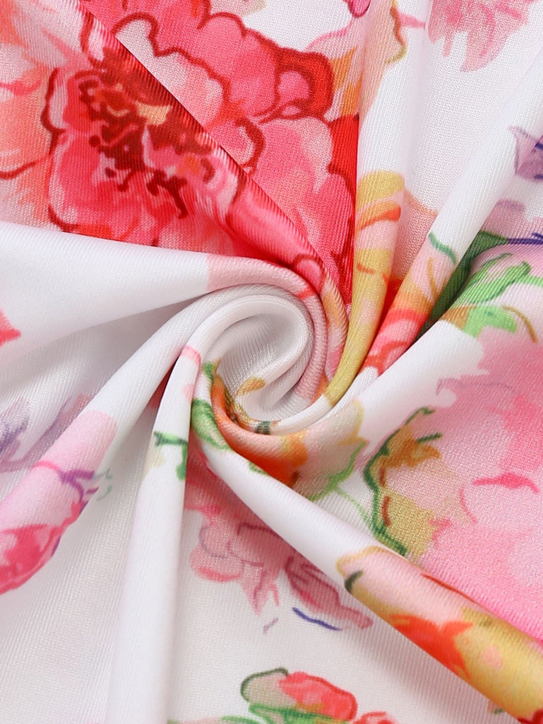 Robe longue moulante bretelles floral rose 1980s