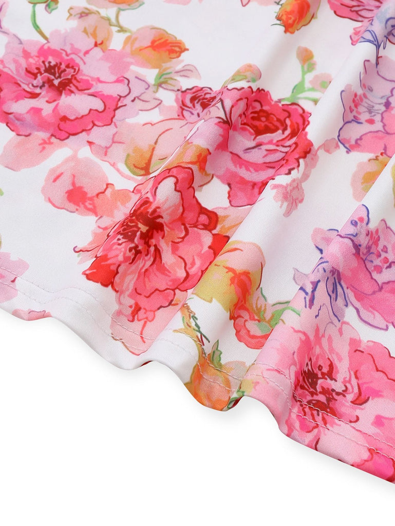 Robe longue moulante bretelles floral rose 1980s